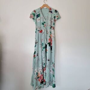 Button Down Floral Dress Blue Maxi Short Sleeve Waist Tie Small